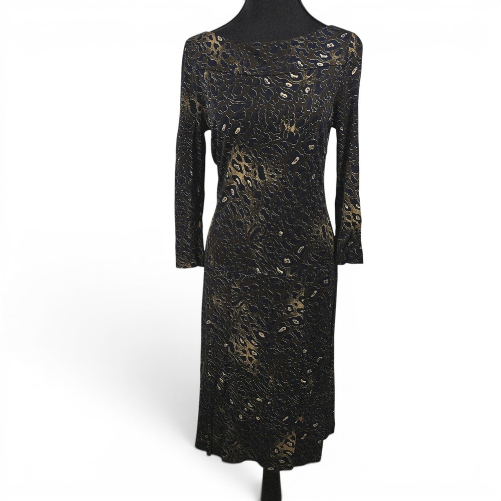 Tory Burch Navy Brown Abstract Animal Print Rayon Jersey Midi Dress Woman Small
